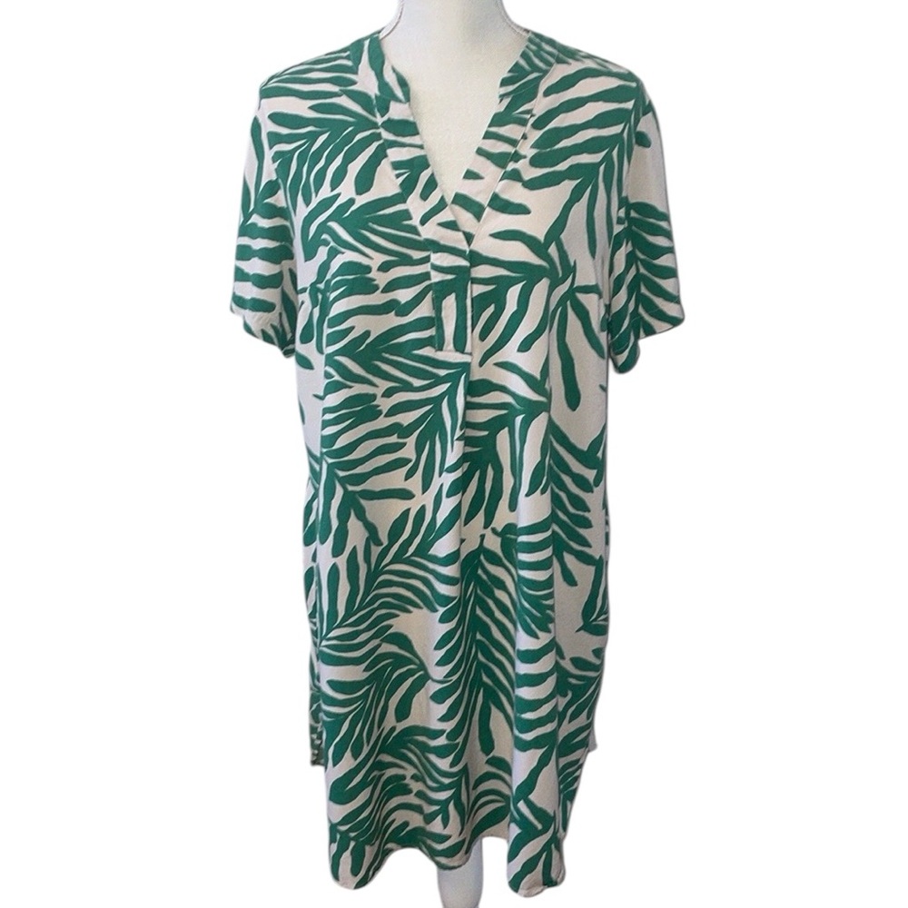 H&M Green‎ Leaf Patterned Tropical Hawaiian Print V-neck Tunic Dress Size Medium
